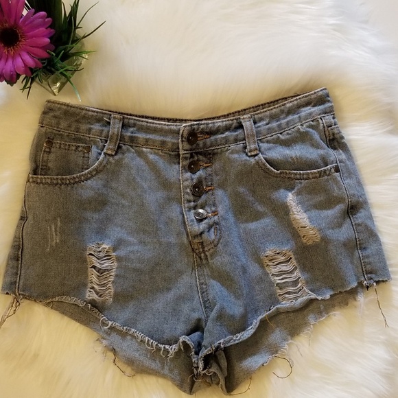 Jean Denim Button Distressed High Waist Rise Short - Picture 3 of 7